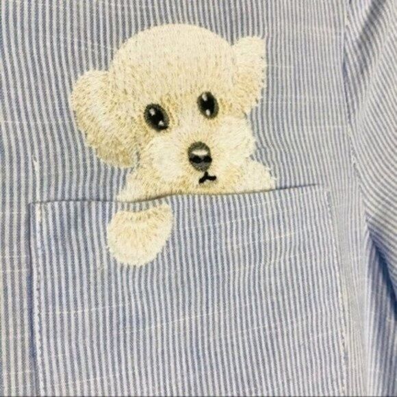 EarthYield stripe blue dress embroidered dog Large BoxC - Picture 2 of 4